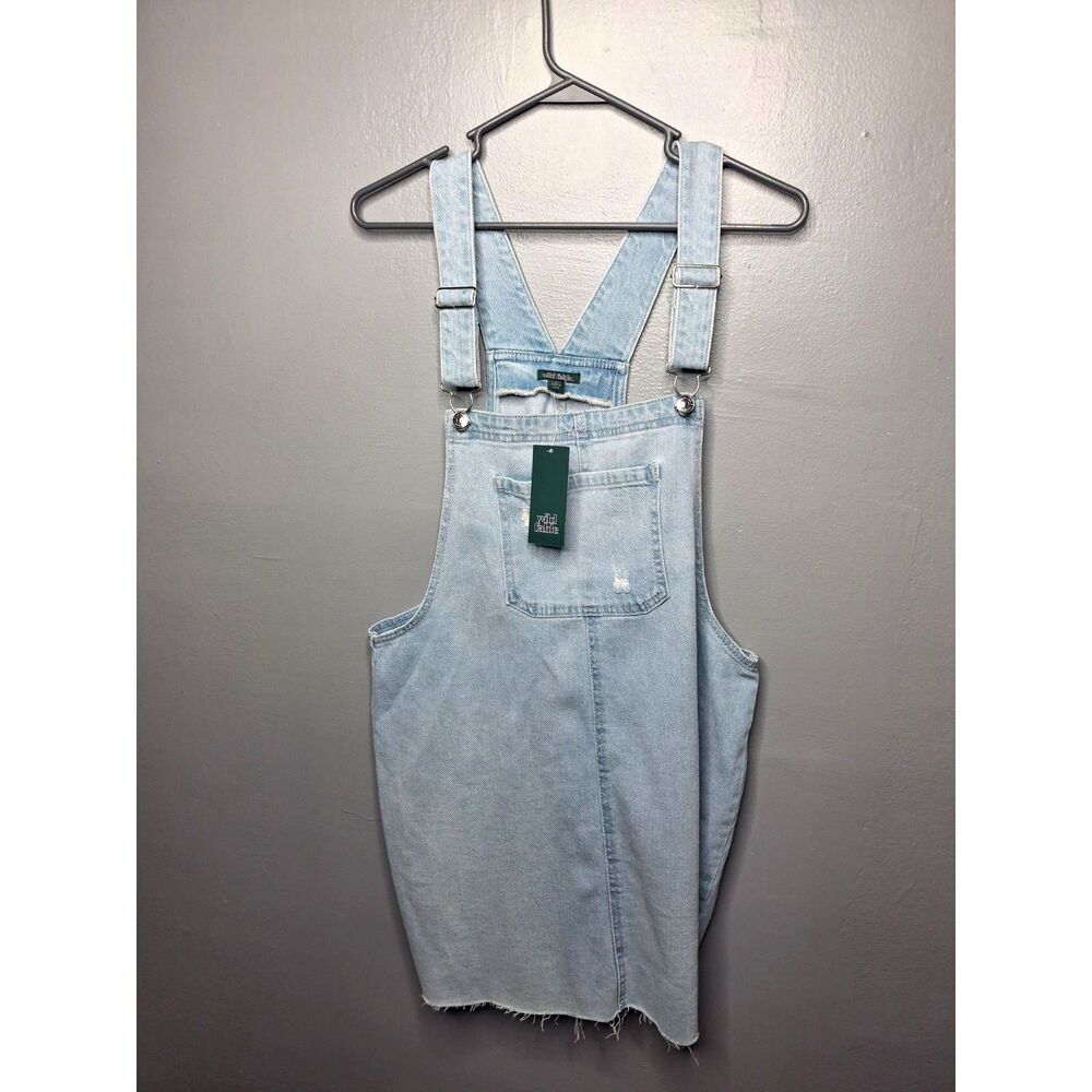 Light Wash Denim Retro Casual Overall y2k Mini Dress Distressed Raw Hem Size L